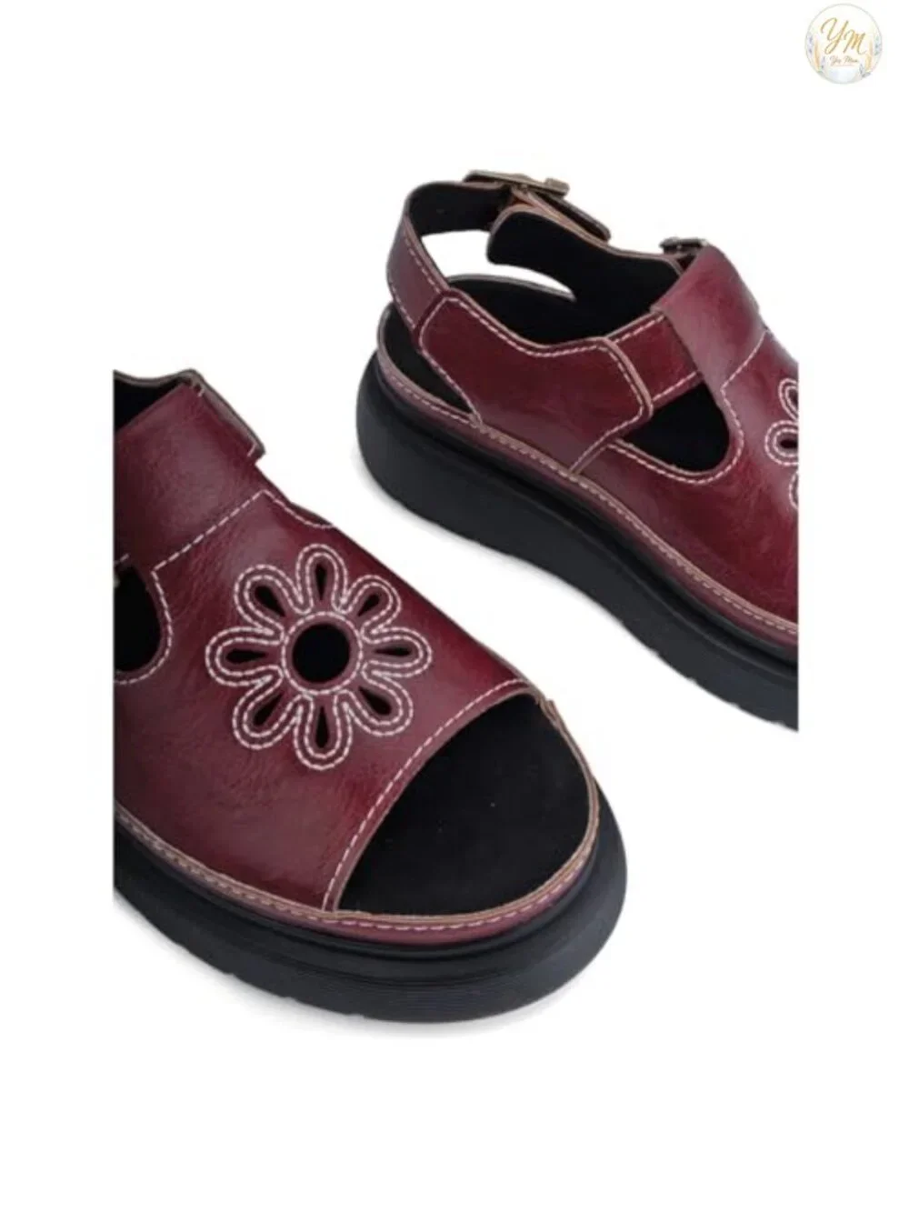 Chunky Ankle Buckle Platform Sandals Women's Calf Leather Floral Open Toe Casual